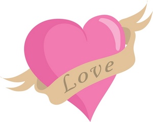 Love clipart image pink heart with a banner and the word love