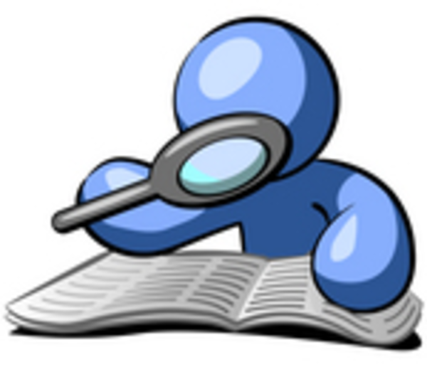 Magnifying glass clip art graphic of a blue guy character researching a book with a