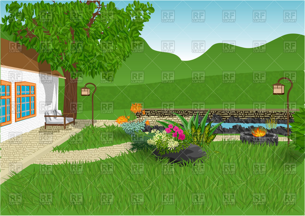 Modern home and garden with flowers small pond vector image clipart