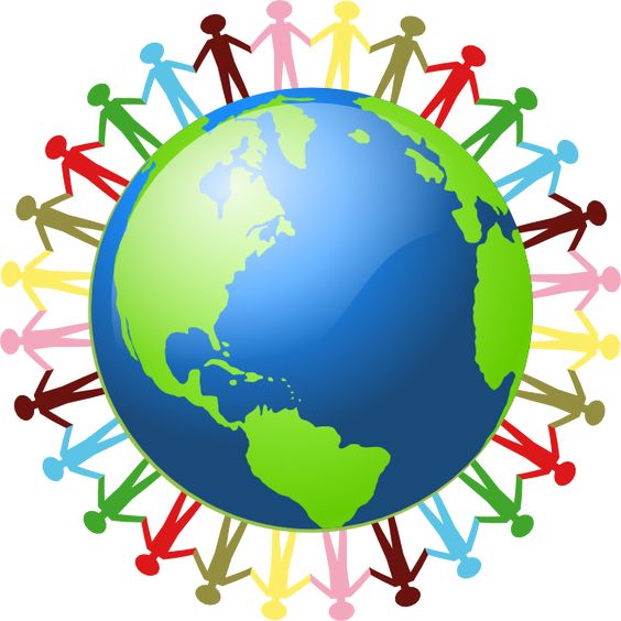 People holding hands holding and around the worlds on clipart