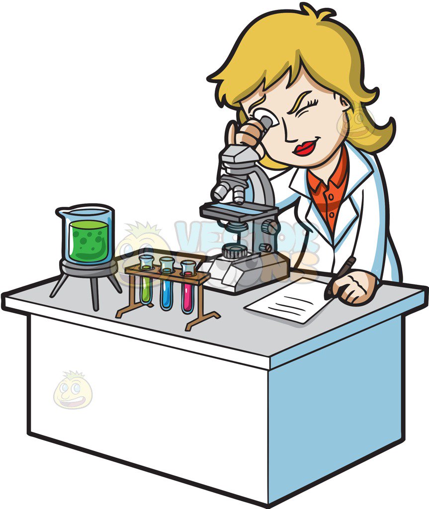 A female scientist looking at an organism using microscope clip art
