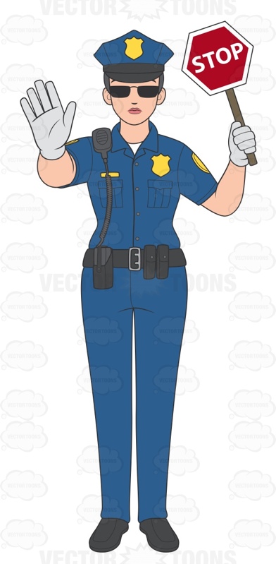 Female police officer holding a stop sign with her other hand clipart
