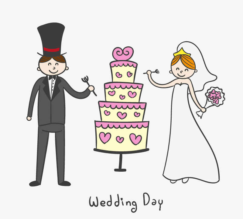 Cartoon wedding cake with the bride and groom vector character cliparts